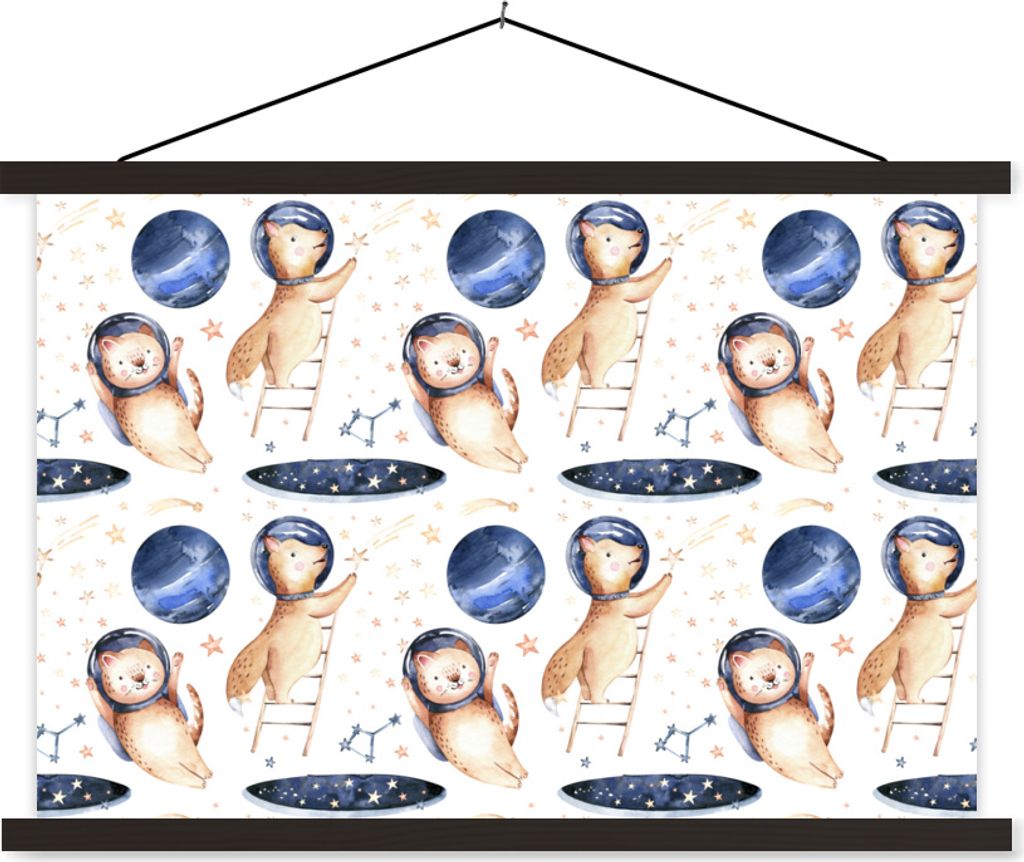 MuchoWow Textilposter Katze - Fuchs - Sterne - Jungen - Mädchen - Kinder - Kinder 90x60 cm mit schwarzem Rahmen - Aufhängungssatz
