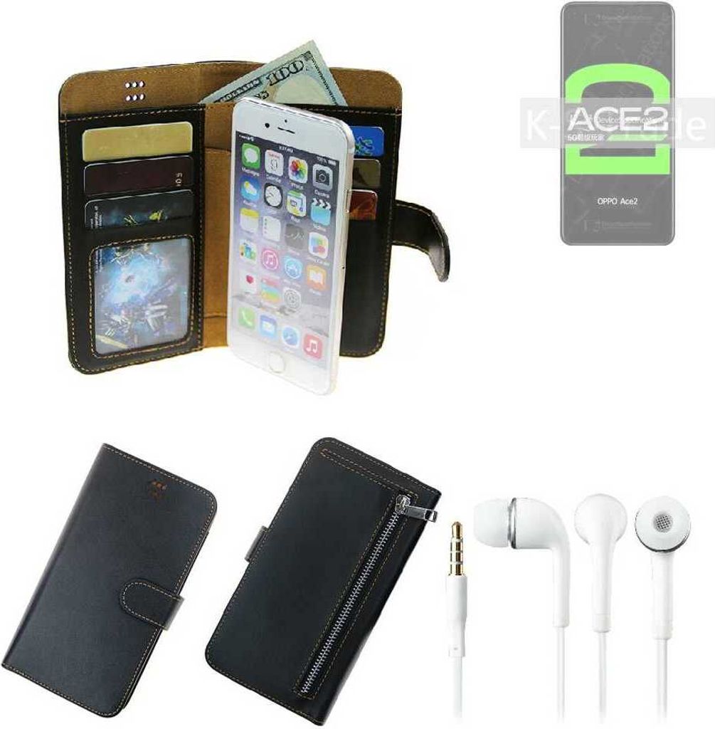 TOP SET Handy Hülle Schutz Hülle kompatibel mit Oppo Ace2 schwarz aus Kunstleder + Kopfhörer Smartphone Tasche vollwertige Geldbörse K-S-Trade
