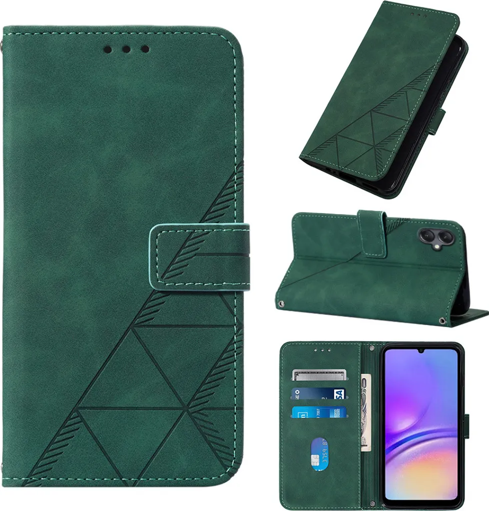 Custodia in pelle flip per Samsung Galaxy A05 con design a portafoglio e goffratura, porta carte e supporto verde