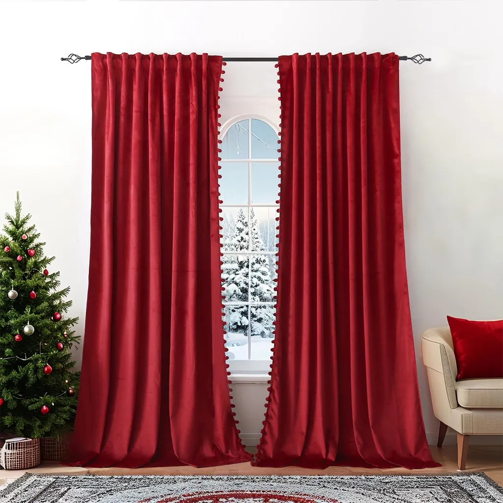Set 2 Tende Oscuranti Rosso Velluto 132x214 cm con Pompon Eleganti