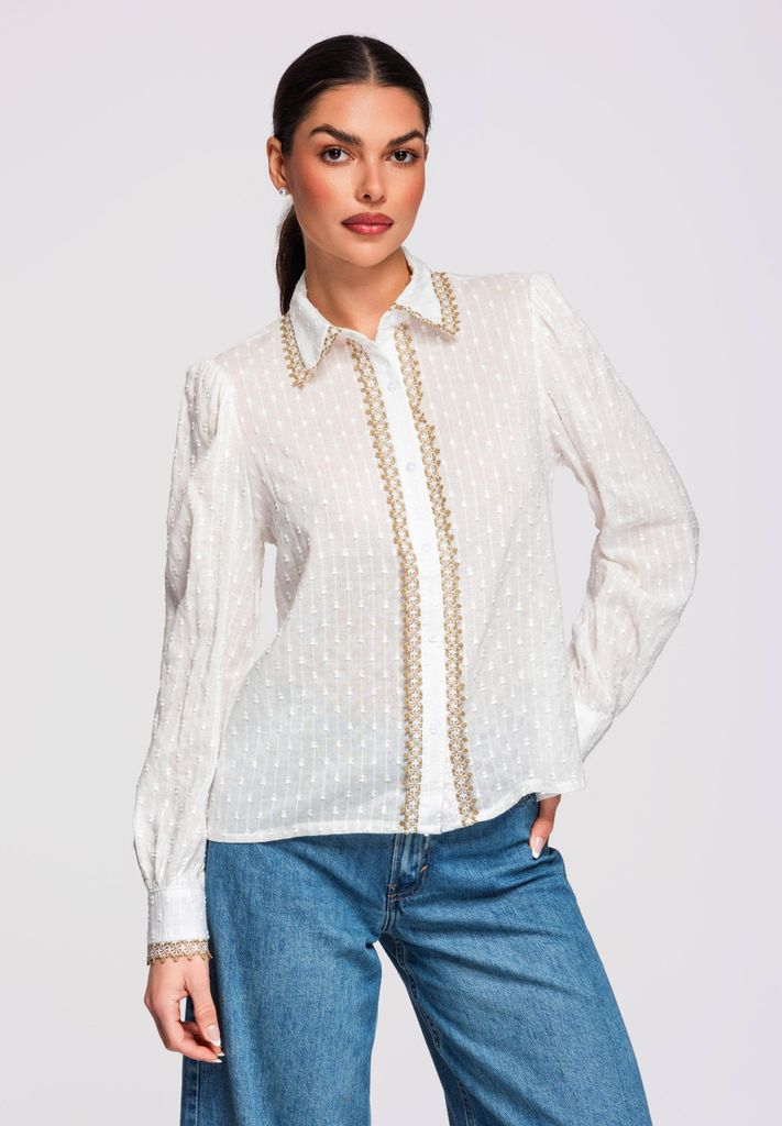 Ombre Damenbluse aus Baumwolle mit feiner Dobby-Struktur weiß S/M