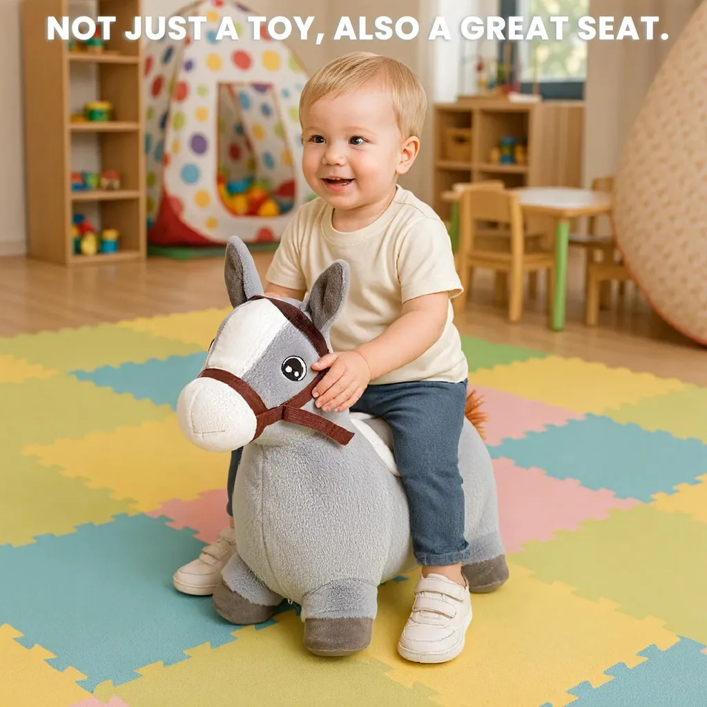 Cheval à bascule gris en peluche douce - Structure gonflable robuste