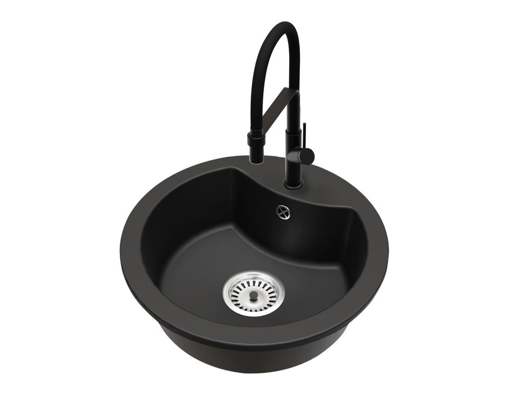 Mila Einbecken-Granitspüle mit Küchenarmatur Venice Schwarz und Siphon Chrom