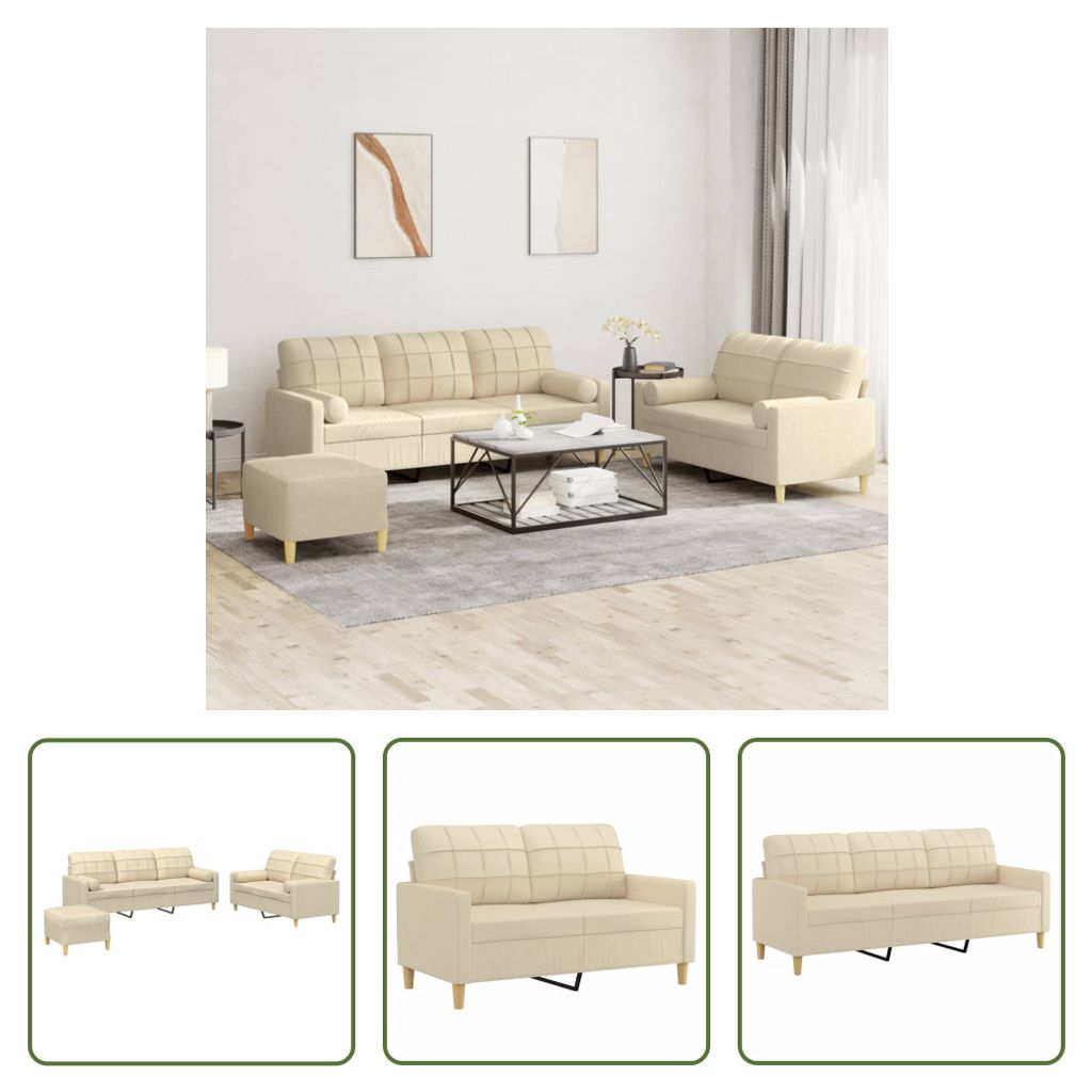 The Living Store 3-tlg. Sofagarnitur mit Kissen Creme Stoff