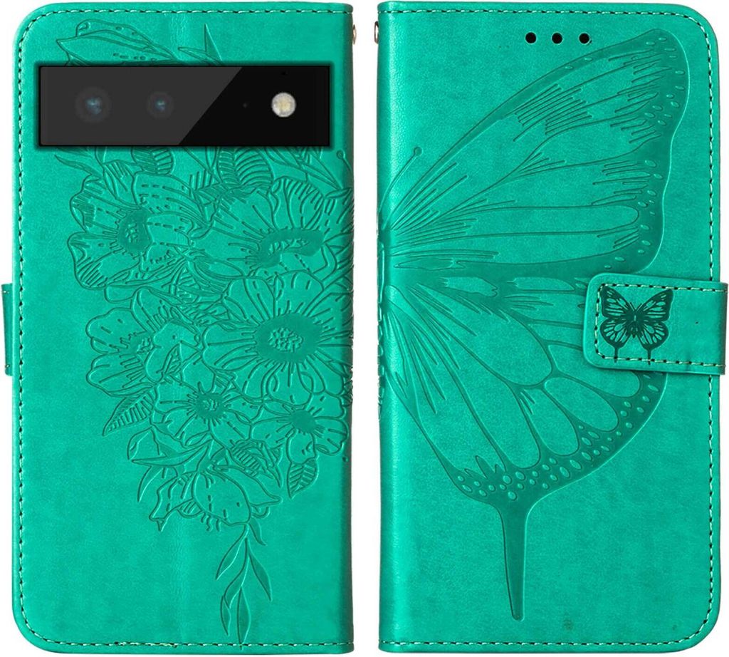 Google Pixel 6 Hülle, Schmetterling Prägung Flip Leder Kartenfächer Schutzhülle Ledertasche mit Ständer für Google Pixel 6 Grün