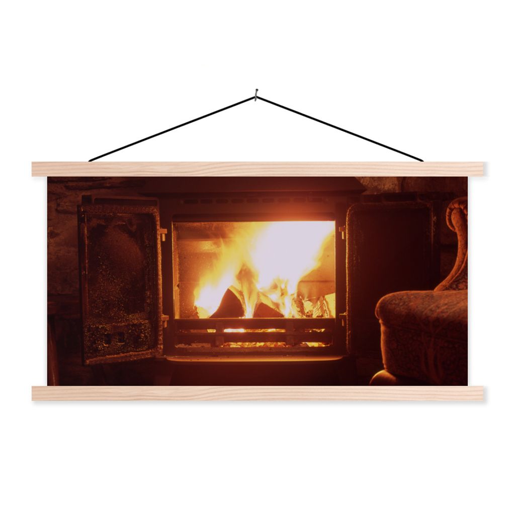 MuchoWow Textilposter Kamin mit offener Tür 60x30 cm mit holzfarbenen Rahmen - Dekoration