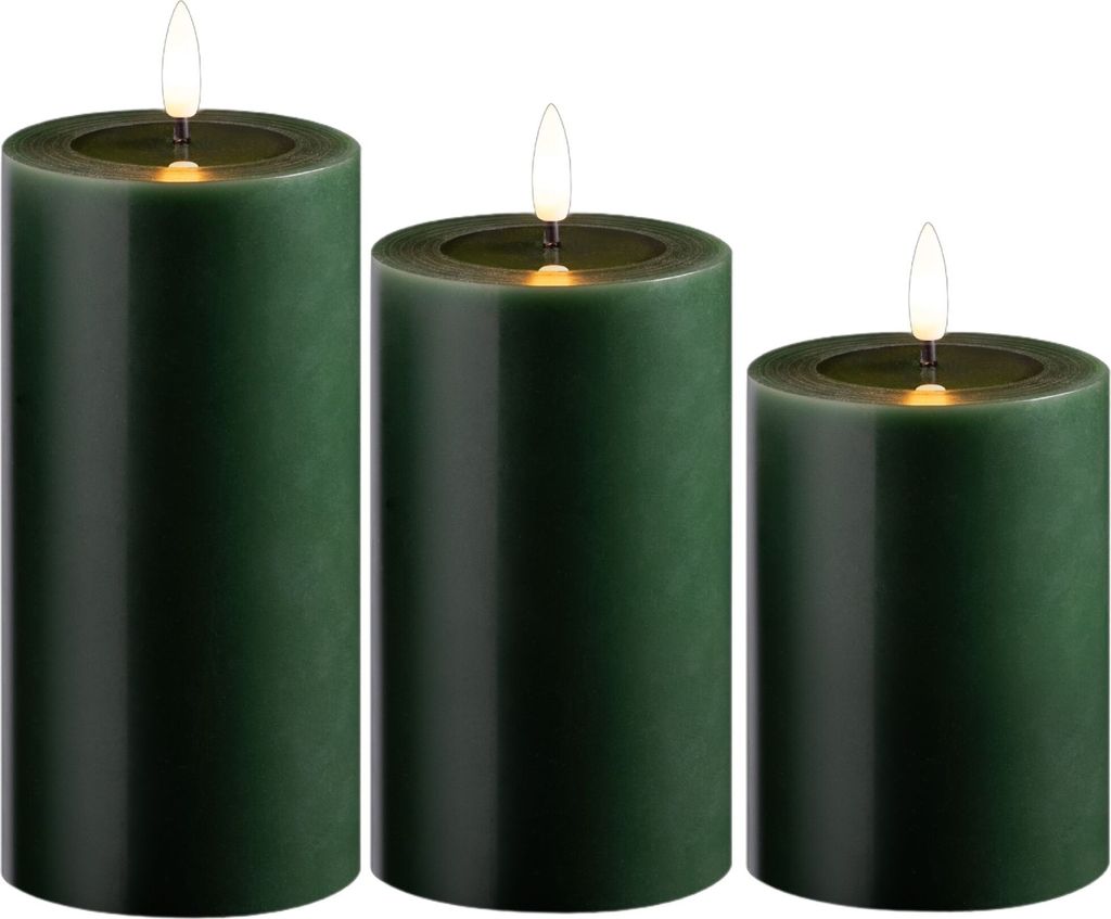 3er Set Led Kerzen flackernde Flamme mit Echtwachspiegel grün 7,5cm ø 1x 15 cm, 1x12,5 cm, 1x10 cm Höhe, LED Kerzen mit Timerfunktion, 2 AA Batt...