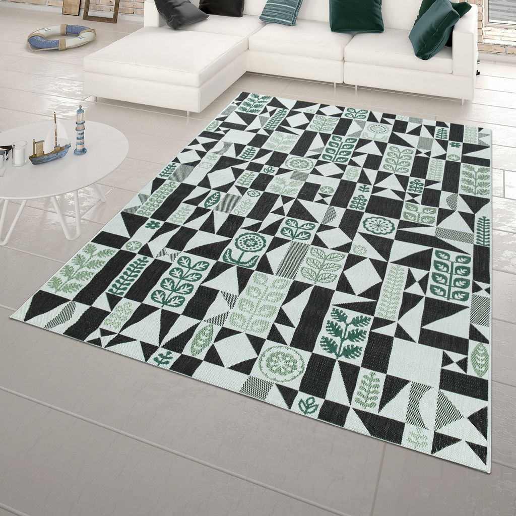 TT Home In- & Outdoor-Teppich Für Balkon Und Terrasse Mit Muster, In Schwarz Weiß Grün Größe 200x290 cm