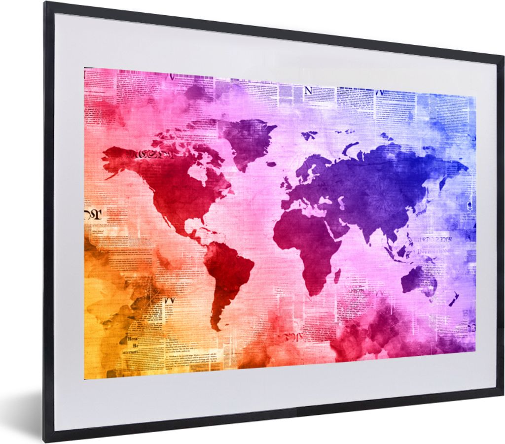 MuchoWow MuchoWow Gerahmtes Poster Weltkarte - Aquarell - Regenbogen 60x40 cm - Poster mit zchwarzem Bilderrahmen - Schlafzimmer - Plakat in Ra...