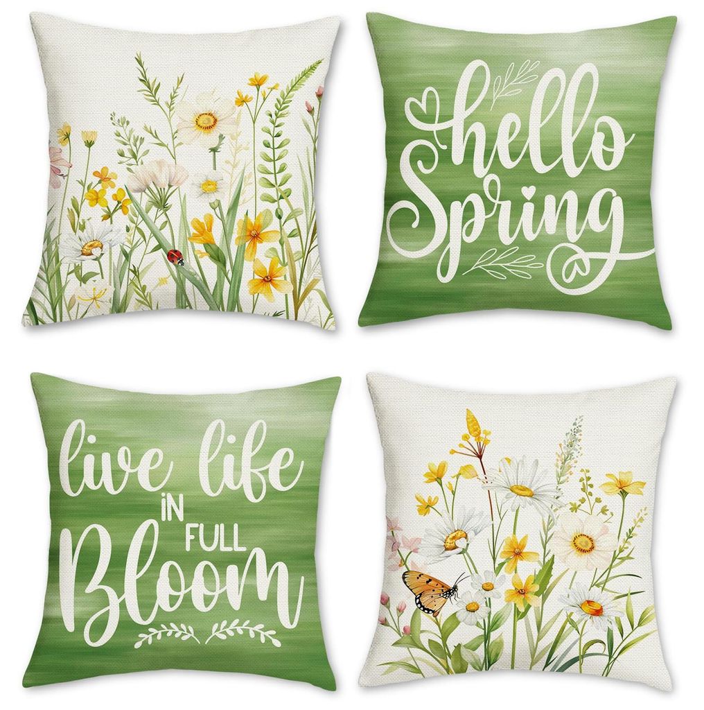 Set mit 4 Kissenbezügen mit Frühlingsblumenmuster, 45 x 45 cm, gelb, weiß, grün, dekorative Kissenbezüge für Sofa, Zuhause, Garten, Außenber...