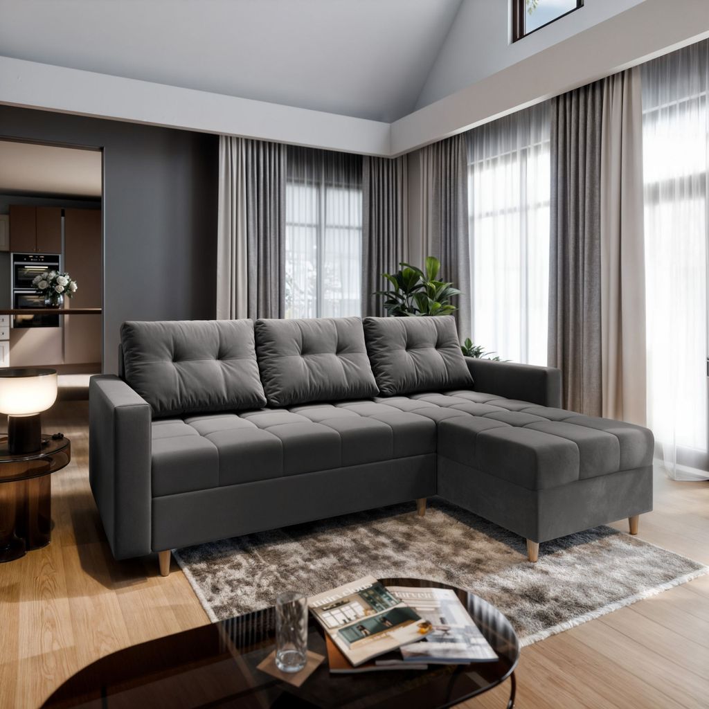 Masseno Ecksofa MILO L mit Schlaffunktion L-Form, Sofa mit Bettkasten, Wohnzimmersofa, Couch, Soffa, Bettsofa, Couchgarnitur- Grau, PAROS 06