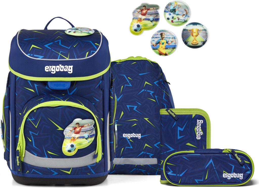 A set of school supplies with a soccer theme, including a backpack, a pencil case, and a flat pencil case, along with decorative soccer-themed stickers.