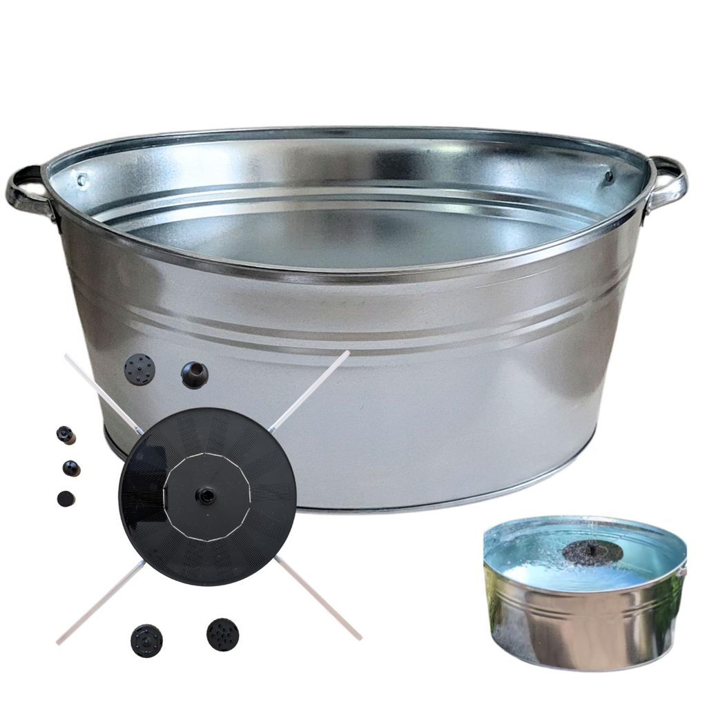 Solarbrunnen Set: 40L Zinkwanne oval & Solar-Teichpumpe inkl. 6 Düsen