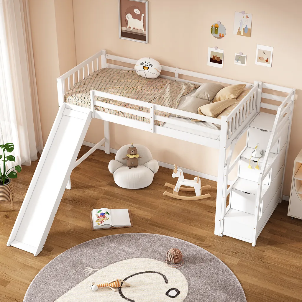 Lit combiné mezzanine 90x200 cm avec toboggan et échelle pour enfant