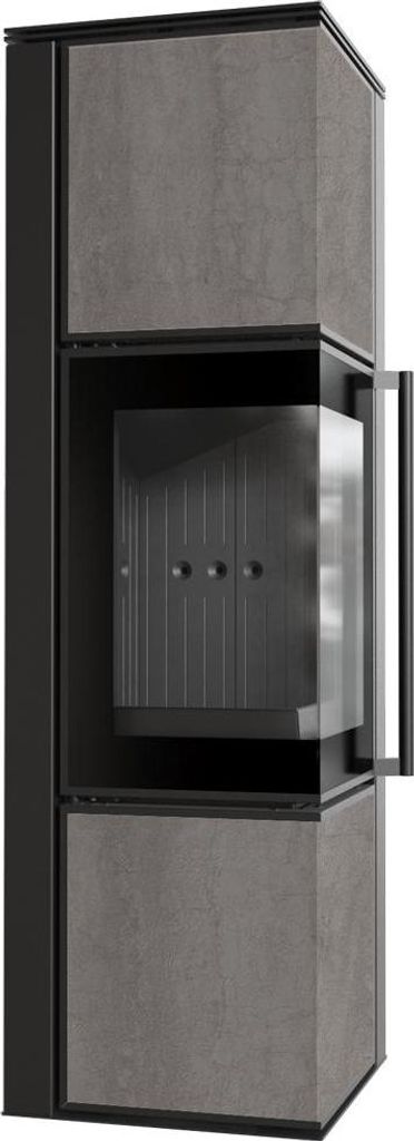 Kaminofen aus Stahl KRATKI TORA/M 8 kW Ø 150 Quarzsinter NATURALI PIETRA DI SAVOIA GRIGIA BOCCIARDATA schwarz Verkleidung mit Türfeder