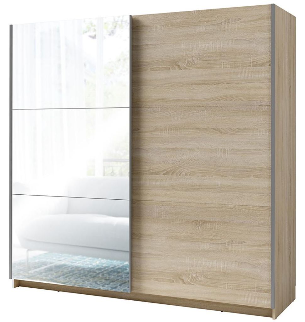 Schlafzimmer Kleiderschrank 200 cm breit in Eiche mit 2 Schwebetüren, Kleiderstange & Spiegel - ANTIBES-166