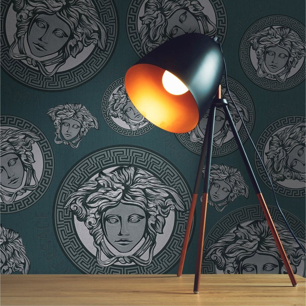 Tapete Versace Luxus-Optik M1-No.11519 | Vliestapete Design | Petrol | Silber | Medusa | Schriftzug