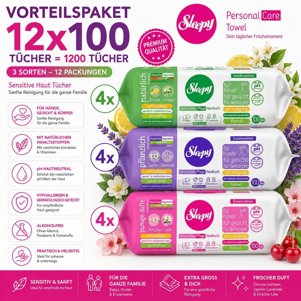 Sleepy Easy Clean Sensitive Mix Set 12x100 Tücher – Zitrone Produktbild 