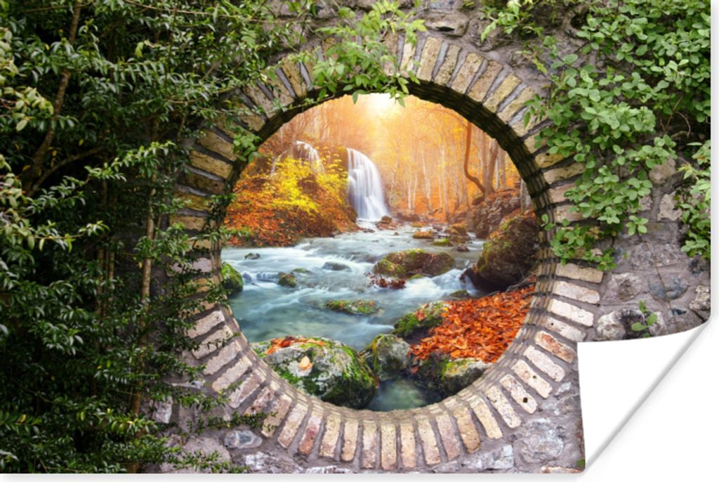 MuchoWow Poster Herbst - Wasserfall - Natur - Aussicht 120x80 cm - Bilder