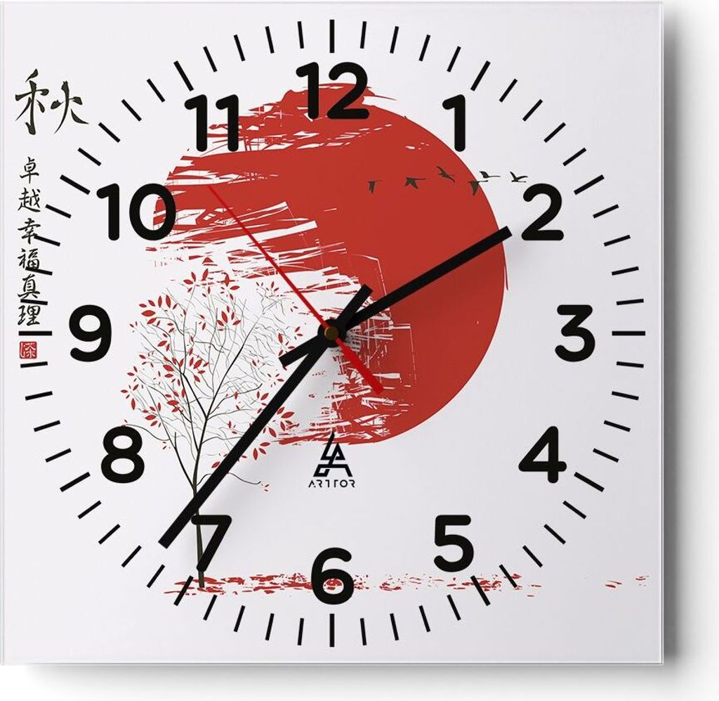 Wanduhr - Quadrat - Glasuhr - Japan Blume Kirschen - 30x30cm - Schleichendes Uhrwerk - Lautlos - zum Aufhängen bereit - Dekoration Modern - Wandde...