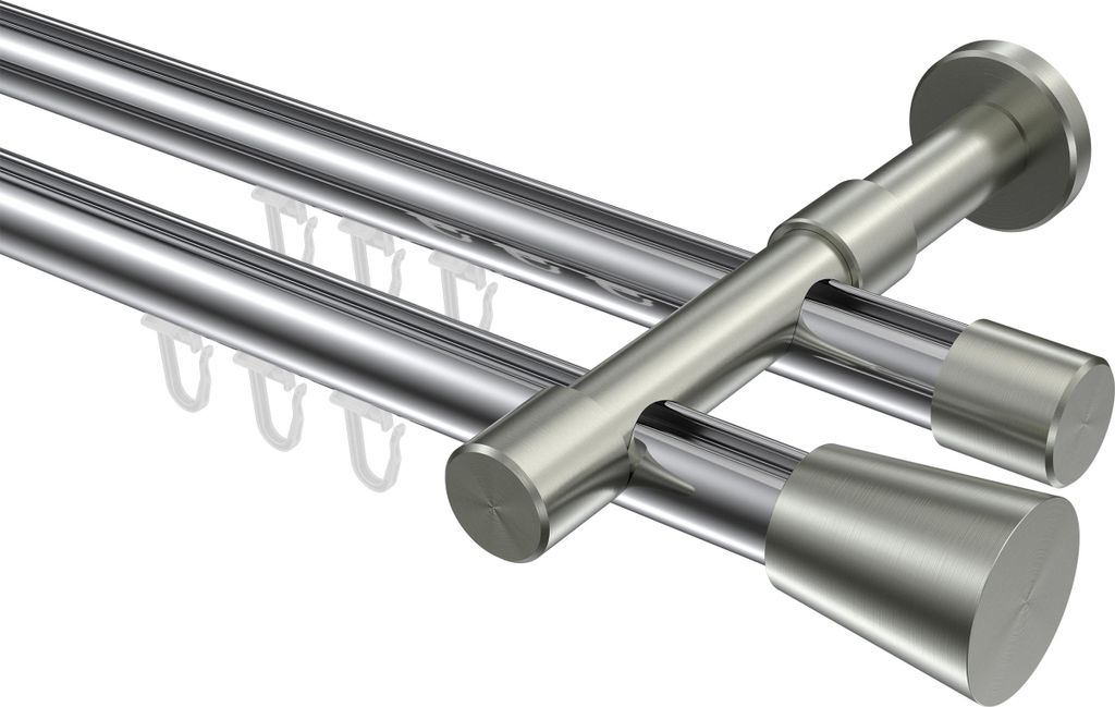 Interdeco Innenlaufstange / Gardinenstange mit Innenlauf Chrom / Edelstahl-Optik, Typ Prestige Sitra (Konus), 20 mm Ø 2-läufig, 180 cm