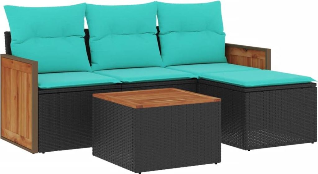 5-teiliges Gartensofa-Set mit Kissen, schwarzes Polyrattan