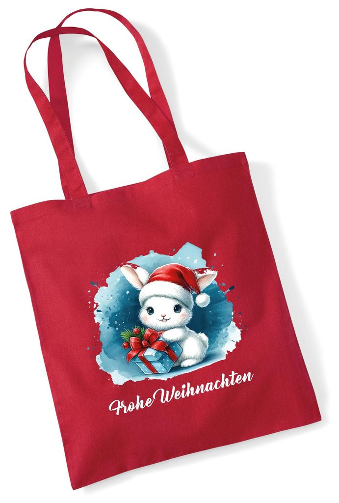 Huuraa Jutebeutel Süßer Hase Frohe Weihnachten 10 Liter Classic Red Baumwolle Tasche Geschenkidee