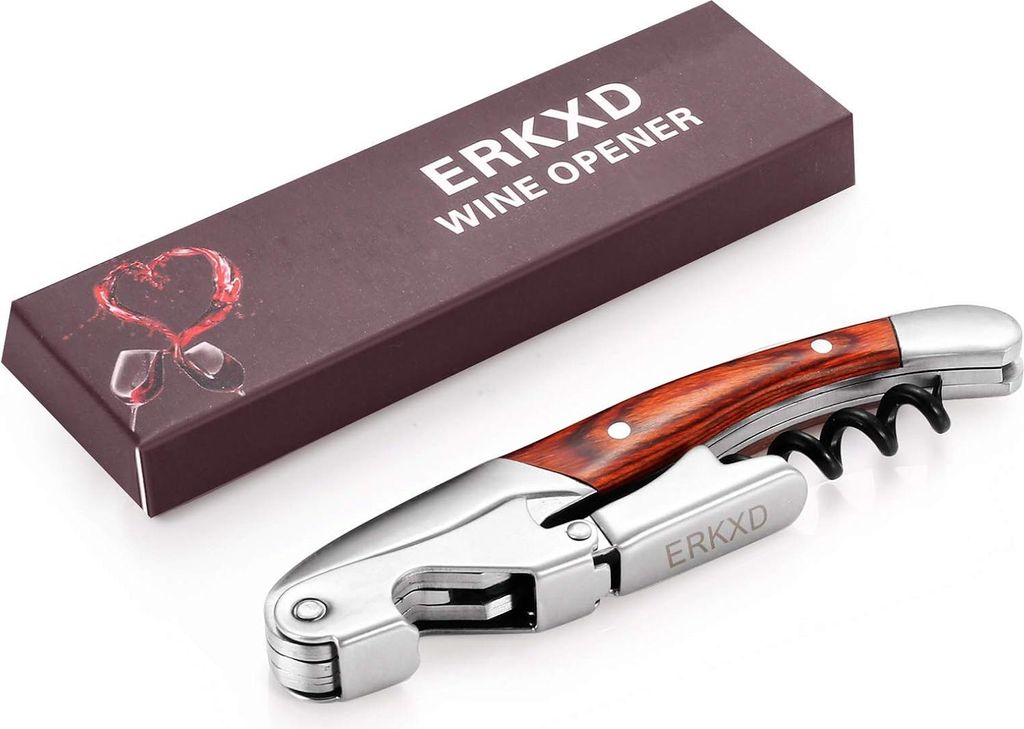Kellner-Korkenzieher All-in-One Edelstahl Weinöffner mit Rosenholzgriff Flaschenöffner Kapselheber und gezacktem Folienabschneider - Premium