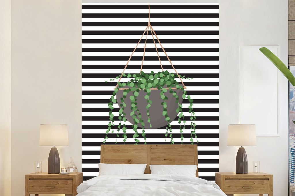 MuchoWow Fototapete für Wohnzimmer oder Schlafzimmer Wandtapete Vinyl Motivtapete Hängepflanze - Pflanzenaufhänger - Schwarz - Weiß - 180x280...