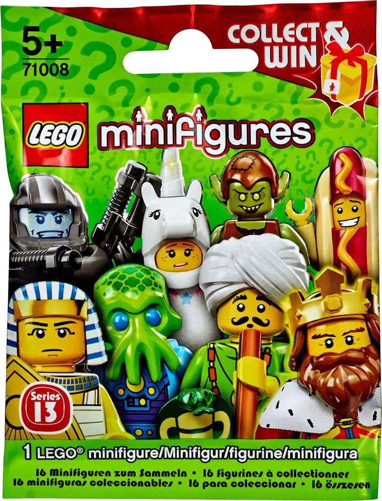 A sealed bag of LEGO Minifigures Series 13, showing various minifigure characters.