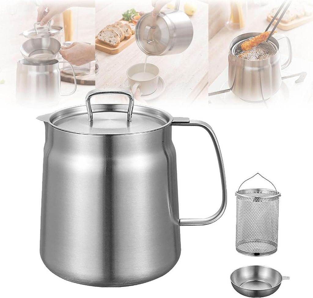 Ölaufbewahrung,2L Edelstahlkanne mit Feinsiebfilter,Ausgießer und Frittierkorb für sauberes und effizientes Kochen,Fritteuse Edelstahl