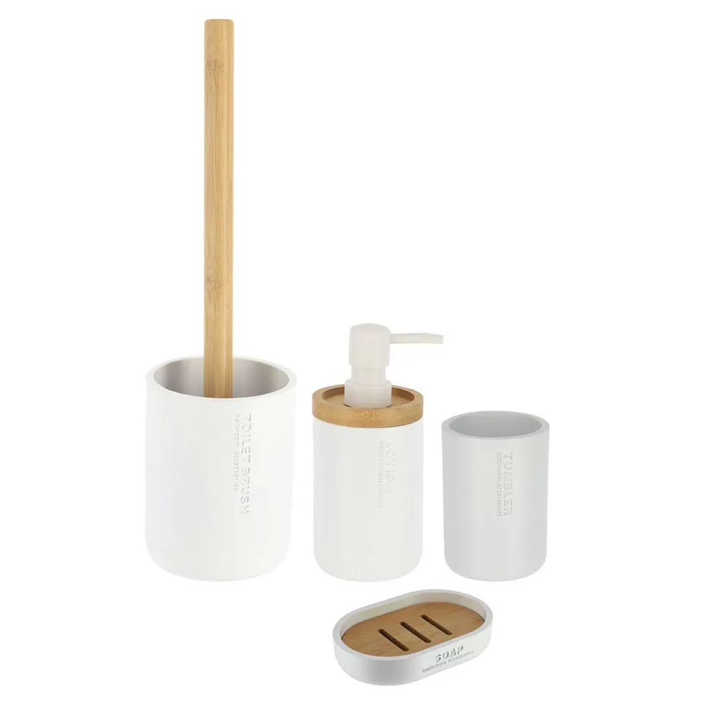 Kit Accessoires Salle de Bain Anti-Désordre Blanc 4 pcs Polyrésine Bambou