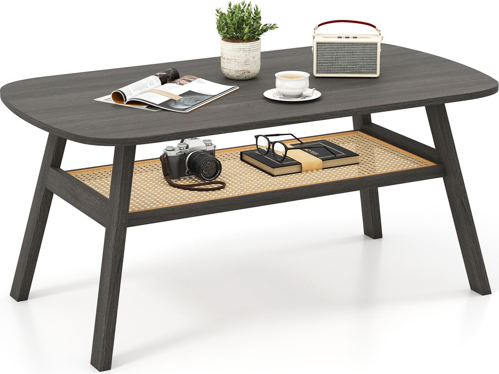 COSTWAY 2-stufiger Couchtisch, rechteckiger Tisch mit Rattan-Ablagefach & Gummibaumholz-Beinen, rustikaler Landhaus-Cocktailtisch für das Wohnzimmer