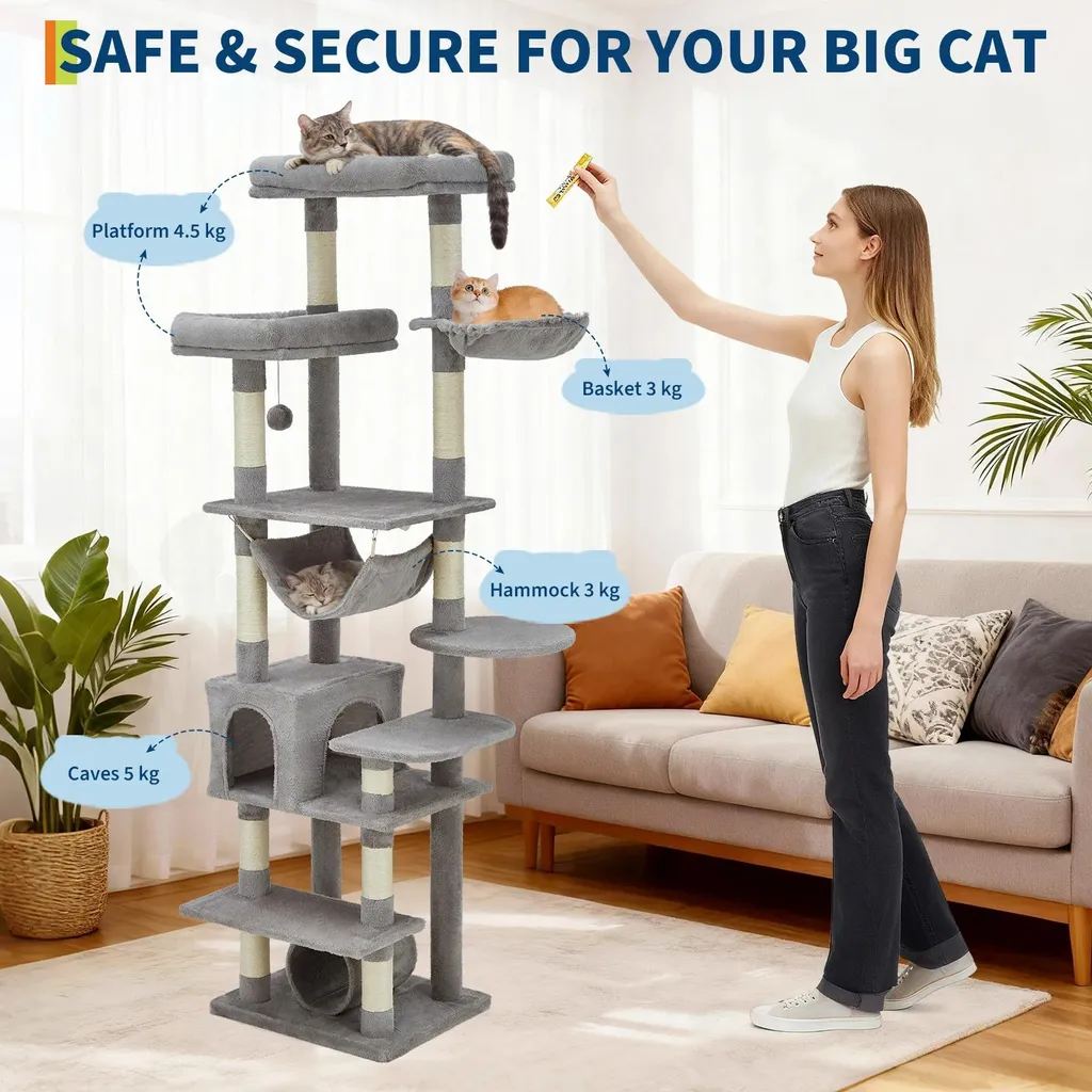 Arbre à chat XL Gris clair stable pour grands chats avec hamac douillet