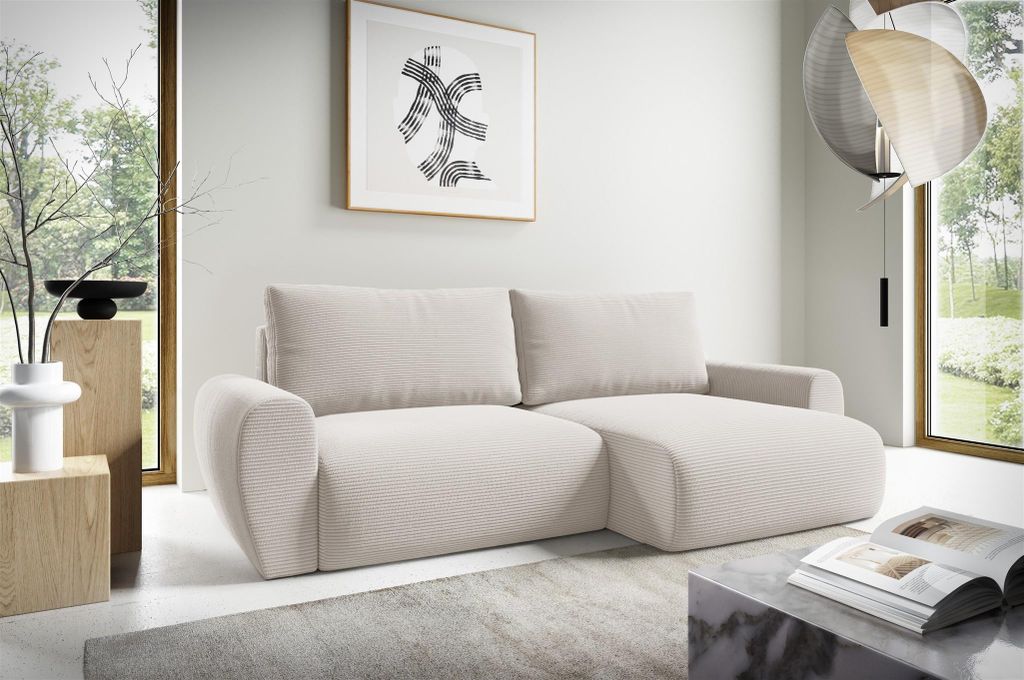 Ecksofa Schlafsofa GALAN Stoff Poso Altweiß Ottomane Rechts