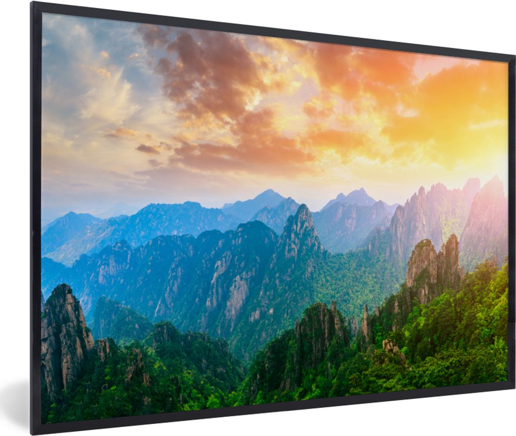 MuchoWow Gerahmtes Poster Berge - Bäume - Sonnenuntergang - Natur 30x20 cm - Poster mit Schwarzem Bilderrahmen Wandposter Rahmen Foto Bilder - K...