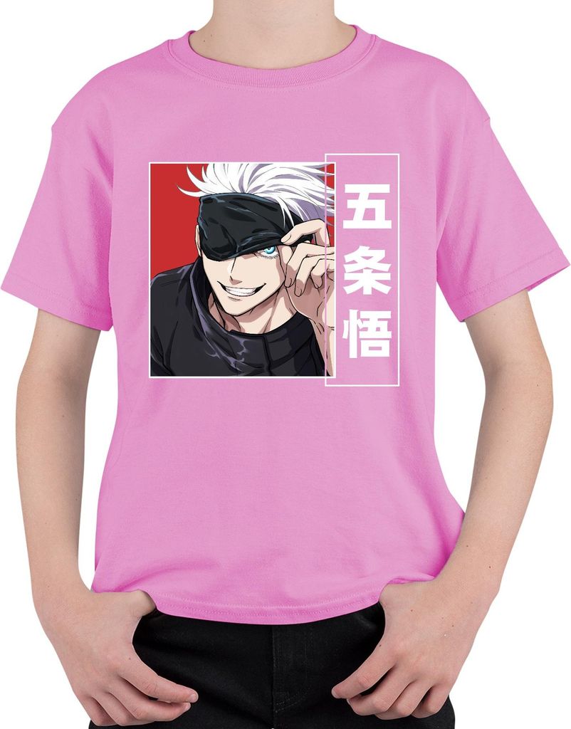 Jujutsu Kaisen Gojo Satoru 五条悟 Anime Ästhetik Augenbinde weißes Haar Uni Kinder T-Shirt, Pink, 128