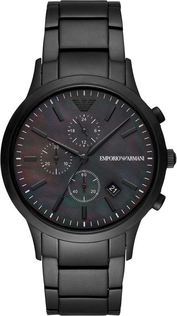 A black Emporio Armani watch with a dark, iridescent dial and a metal band, presented against a white background.