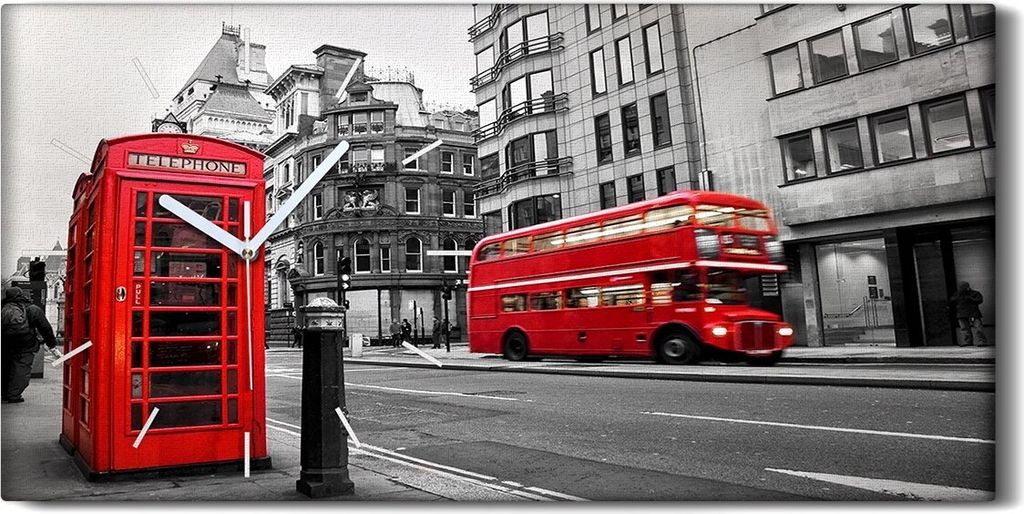 Dekor Leinwand Uhr Wandbilder 60x30 Malerei Stadt Gebäude London Rote Busse - weiße Hände