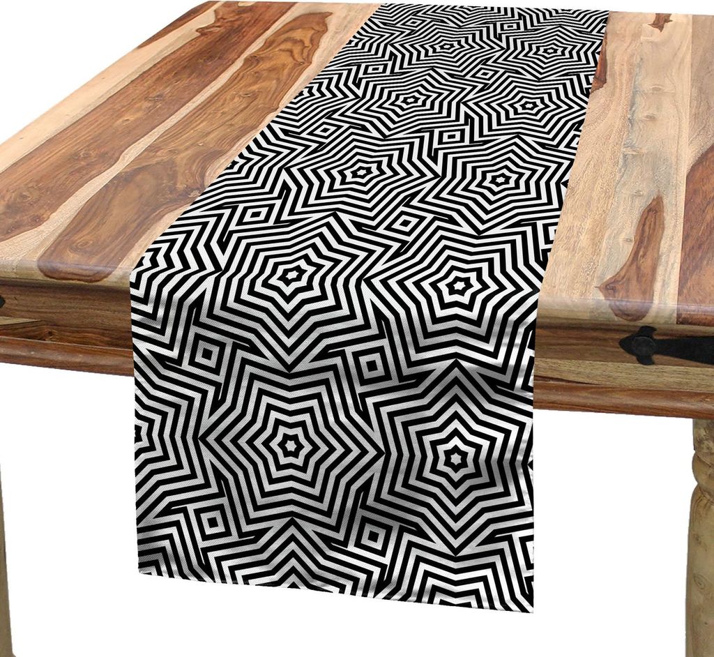 ABAKUHAUS Sterne Tischläufer, Sechs spitze Sterne im Bullseye-Muster mit Pinwheel-Motiven einfarbiges Design, 40 x 225 cm, Schwarz und weiß