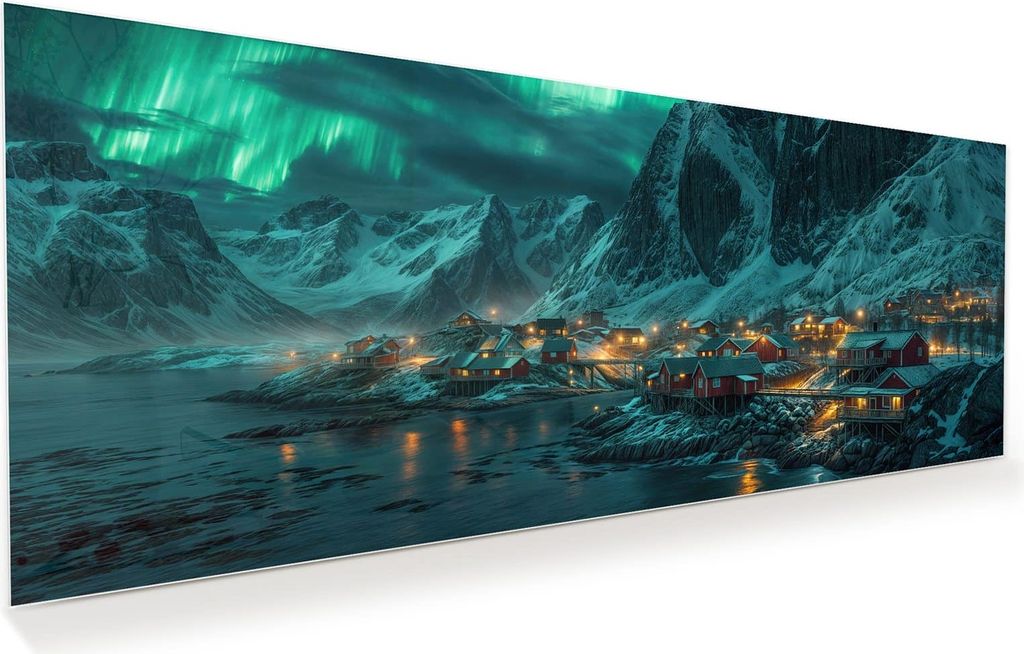 Glasbild 125x50cm in XXL für Wohnzimmer, Schlafzimmer Motiv Nordlichter über Fjord