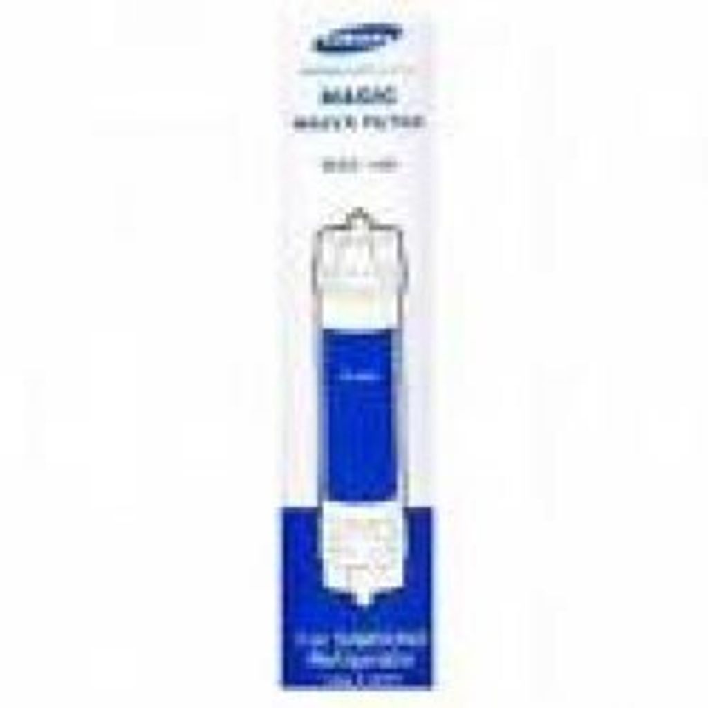 A product shot of a Samsung refrigerator water filter in its packaging.