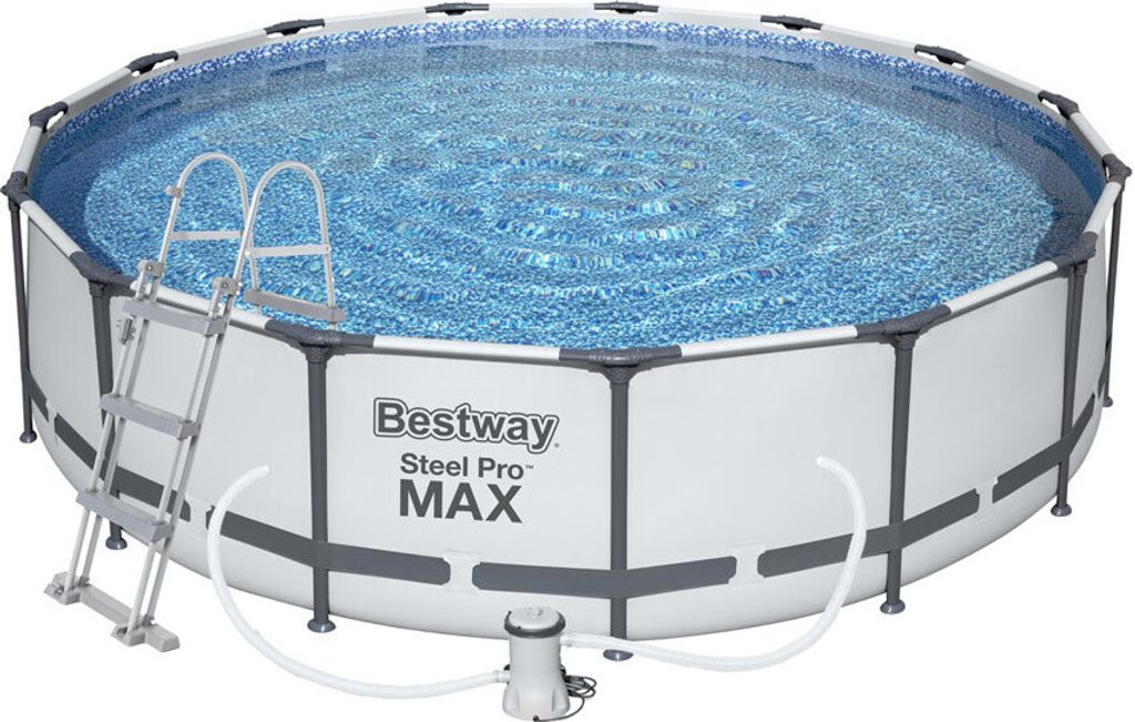 A round above-ground swimming pool filled with water, with a ladder and a pump visible.