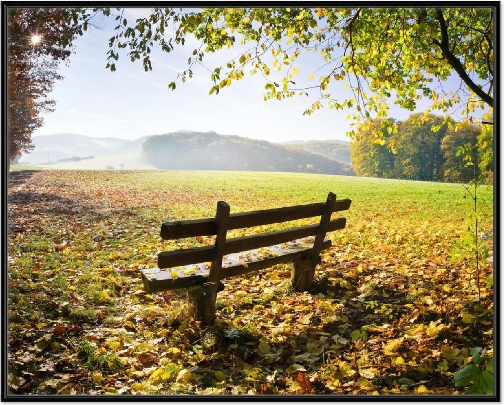 Wallario Wandbild Idyllische Holzbank in den Bergen, Größe: 40,30 x 50,30 cm, Poster mit schwarzem Aluminiumrahmen