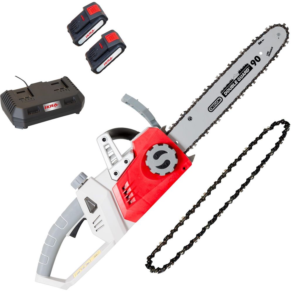 IKRA Akku Kettensäge ICC 2/2035 | 20V | 35cm OREGON Schwert | 2 Antivibrationsketten | werkzeuglose Kettenspannung | mit 2 Akkus & Doppel-Schnelll...