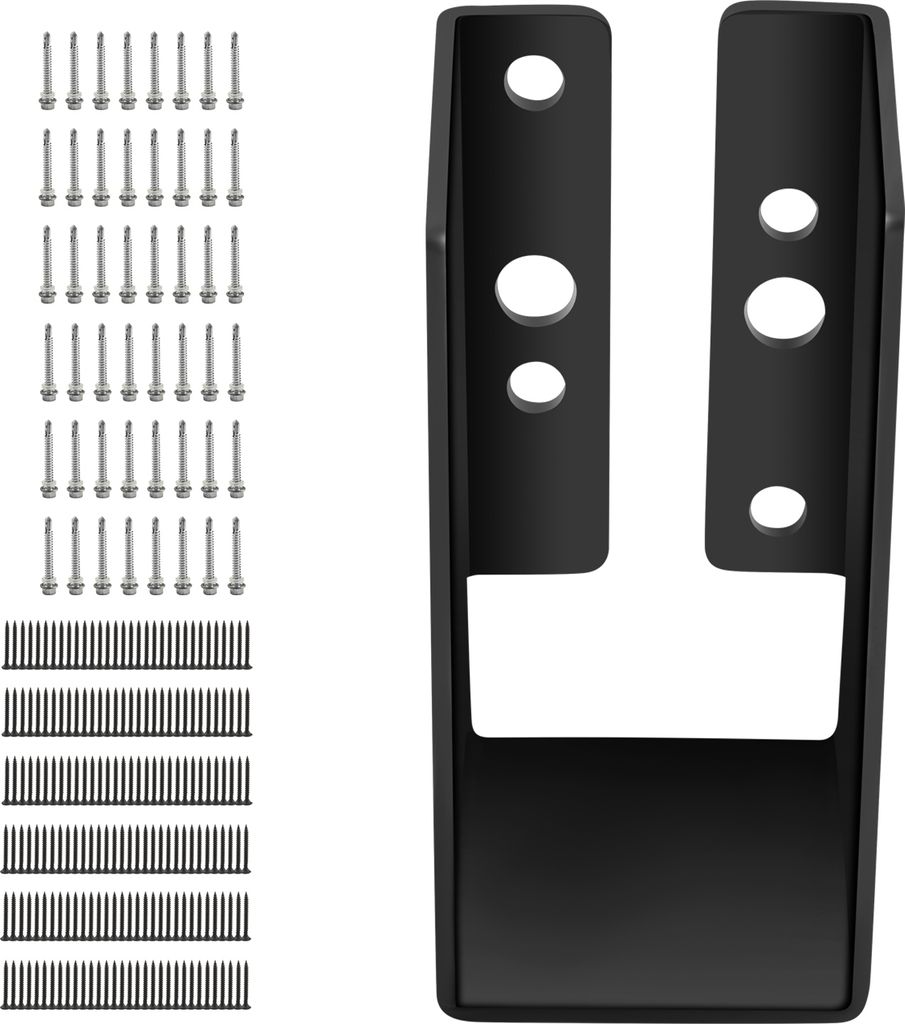 A black metal bracket and a collection of silver screws on a white background.