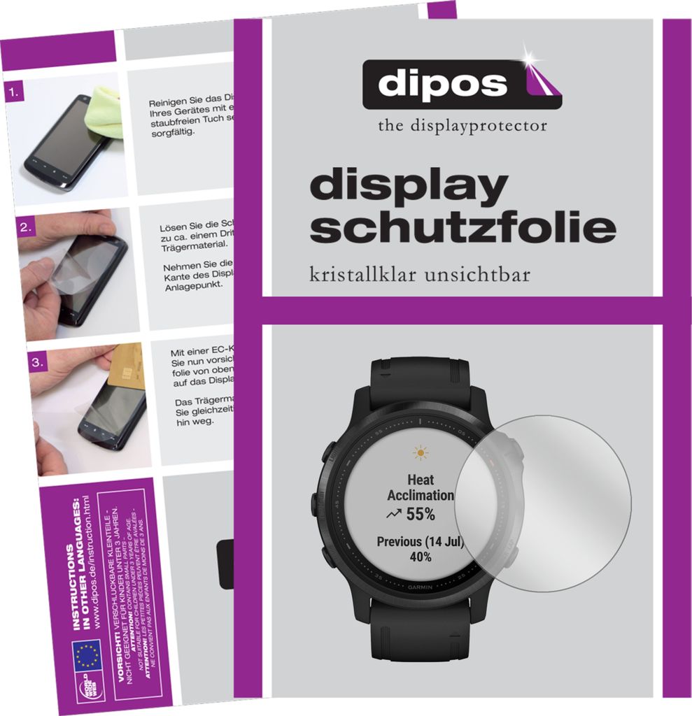 1x Schutzfolie für Garmin fenix 6S Pro klar Displayschutzfolie Folie Display Schutz dipos