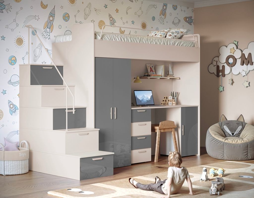 Etagenbett FELIX 4S – Hochglanz oder Matt – Kinderbett, Hochbett, MIT Matratze und Lattenrost (Kaschmir + Grau Glanz)
