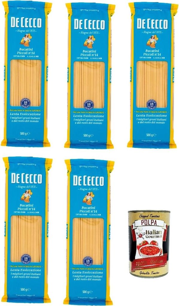 De Cecco bucatini piccoli N°14 100% Italienisch Pasta Nudeln 5x 500g + Italian Gourmet Polpa 400g