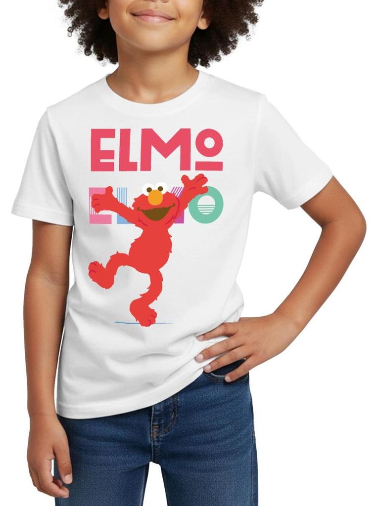 Spreadshirt Sesamstraße Elmo Springt vor Freude Kinder T-Shirt, 122/128 (7-8 Jahre), Weiß